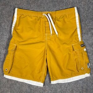 Counter Culture Board Shorts Mens L Yellow Cargo Swim Trunks Mesh VTG NO ELASTIC